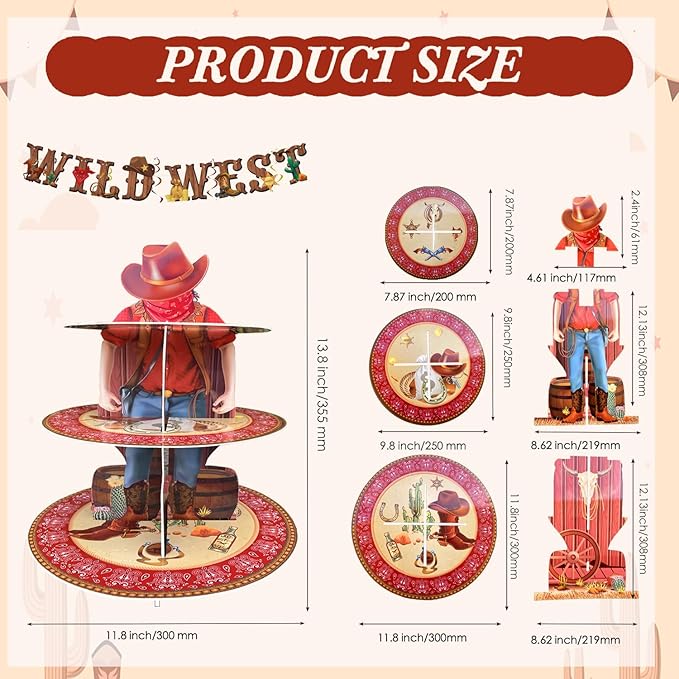 Western Cowboy Cupcake Stand Party Decorations Western Theme Birthday Cupcake Holder Cowboy Theme Cake Holder Birthday Dessert Stand for Wild West Baby Shower Party Supplies