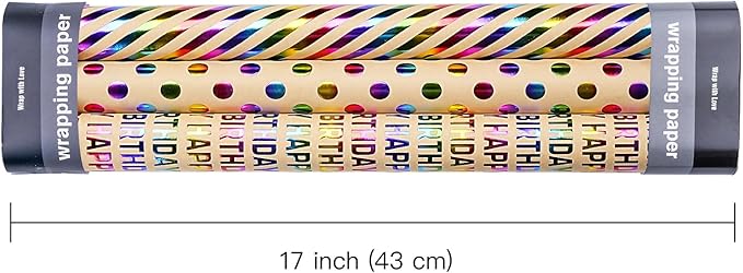 WRAPAHOLIC Kraft Birthday Wrapping Paper Roll - 3 Mini Rolls - 17 Inch x 120 Inch Per Roll - Rainbow Foi Happy Birthday Wrapping Paper for Boys Girls Kids, Baby Shower