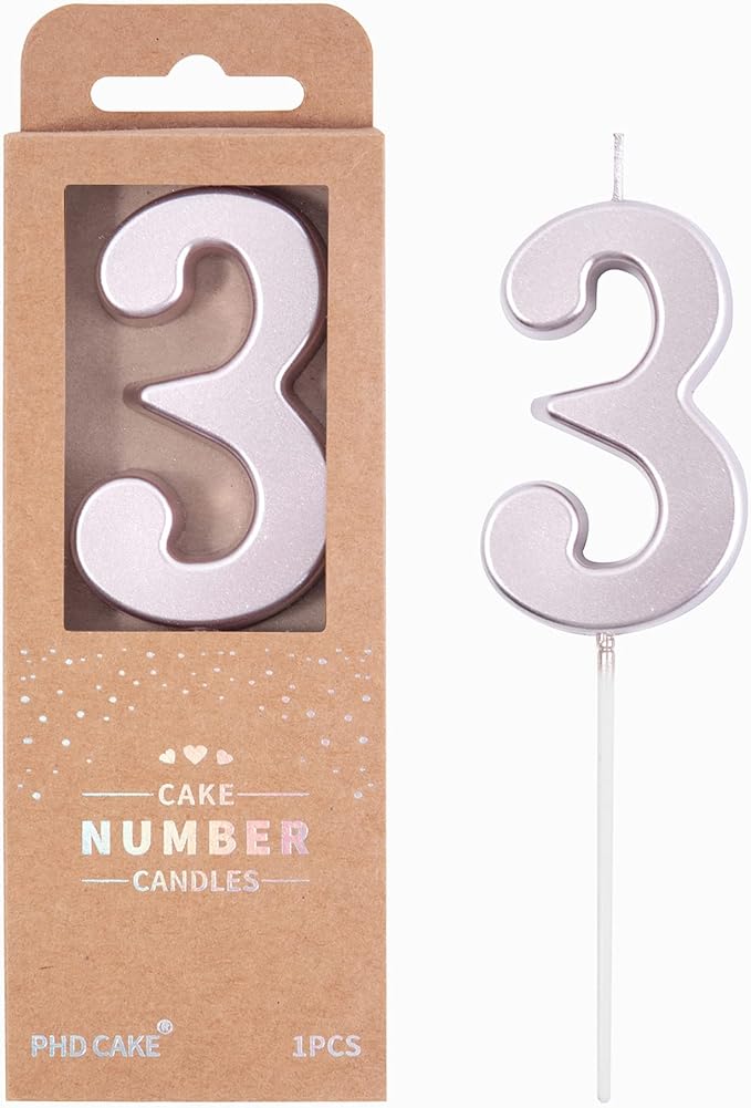 PHD CAKE 2.76 Inch Modern Rose Gold 3 Number Birthday Candles, Rose Gold Number Candles, Cake Number Candles, Party Celebration