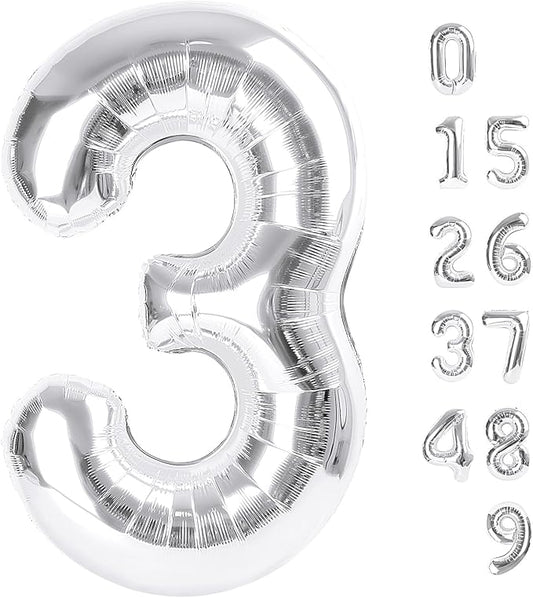 Numbers Balloon 3, 40 Inch Large Silver Balloon for Three Year Old Birthday Decor, 3 13 30 31 Birthday Party Decorations for Wedding Supplies