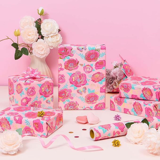 WERNNSAI Mothers Day Wrapping Paper - 1 Roll 17” x 33 ft Mother’s Day Wrapping Paper Pink Floral Gift Wraps Roll Pink Rose Metallic Foil Design for Women Mom Birthday