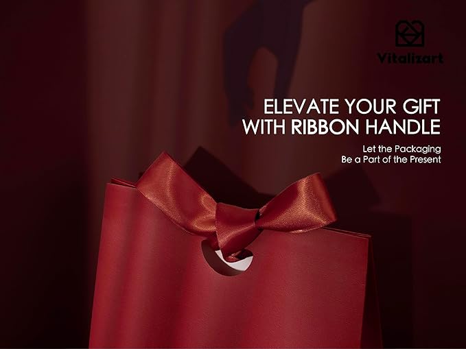 Vitalizart Paper Gift Bags With Ribbon Handles Set of 10 Red Bulk Reusable For Gift Wrap Girls Kids Birthday Bridal Shower Party Favors Goodie Bags Candy Toys Christmas 7.87"x3.54"x7.09" Small Size