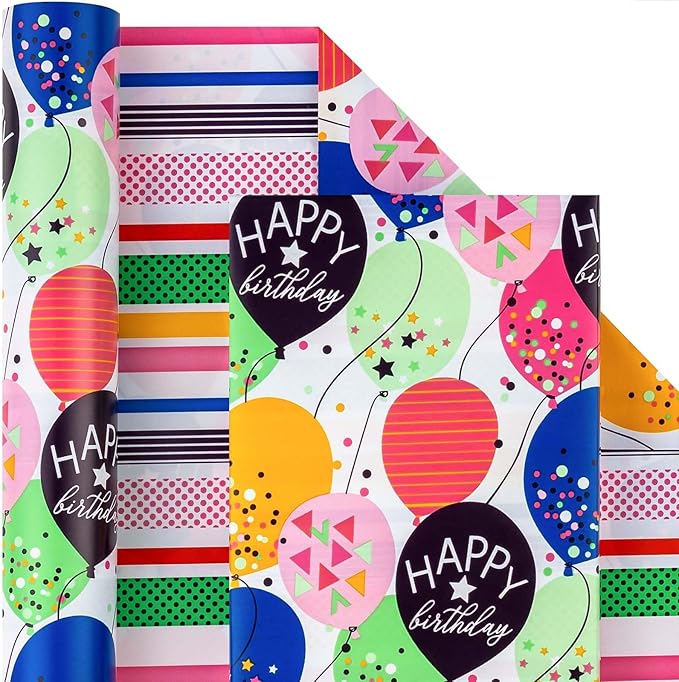 MAYPLUSS Birthday Gift Wrapping Paper Roll - 17 Inch x 16.4 Feet - Colorful Kids Style Confetti Balloons Birthday Festive Gift Wrap Paper for Boys,Girls Celebration, Holiday, Party, Baby Shower
