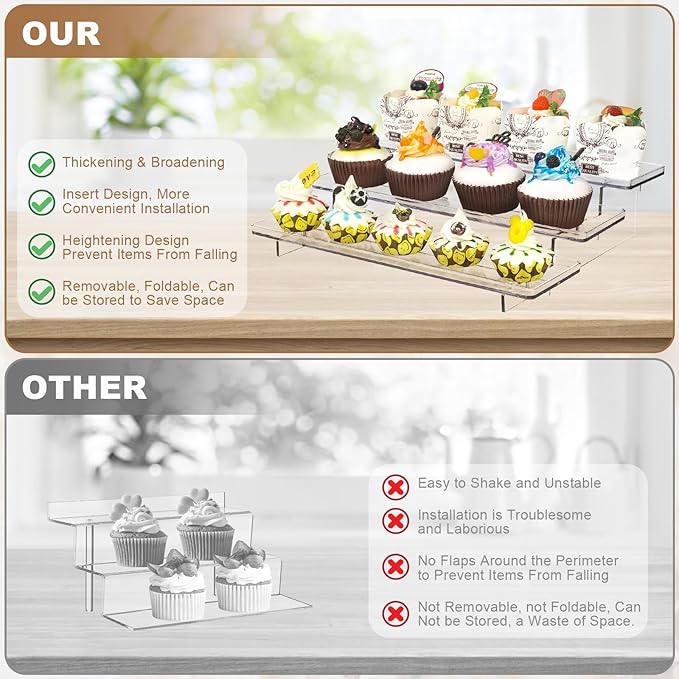 2 Pack 3 Tier Acrylic Stands for Display, 12 inch Clear Display Stand Risers Shelf for Cupcakes Perfumes Figurines, Tabletop Cupcake Stand for Decorating & Organizing(11.8"x9.4"x3")
