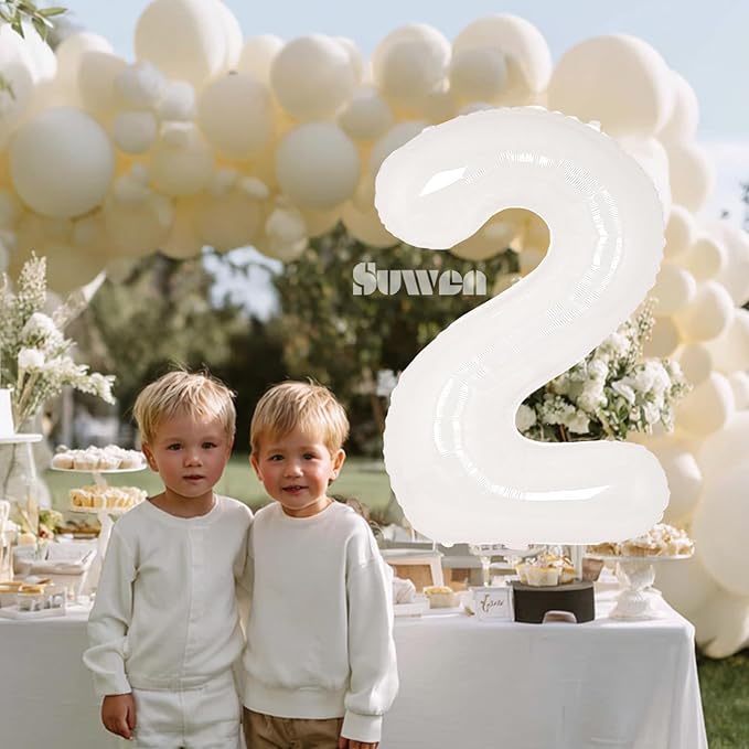 SUWEN 40 Inch White Large 2 Balloon Number Big Foil Helium Number Balloons 0-9 Giant Jumbo Happy 2nd Birthday Party Decorations for Boy or Girl Huge Mylar Anniversary Party Supplies