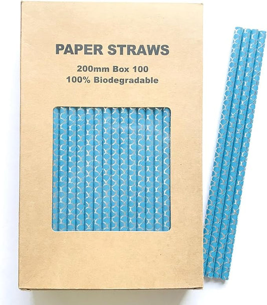 100 pcs Metallic Scale Paper Straws, Kids Fish Tail Sea Beach Pool Island Mermaid Party Drinking Straws, Cute Summer Hawaii Bar Cocktail Juice Birthday Baby Shower Cake Pop Sticks (Blue Silver Foil)