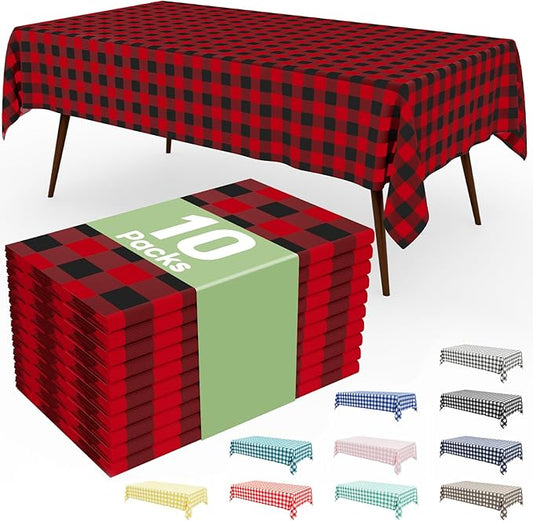 Smiry 10 Pack Gingham Disposable Table Cloth, 54 x 108 Inch Waterproof Plastic Tablecloth, Rectangle Black and Red Checkered Table Covers for Picnic, Birthday, Party