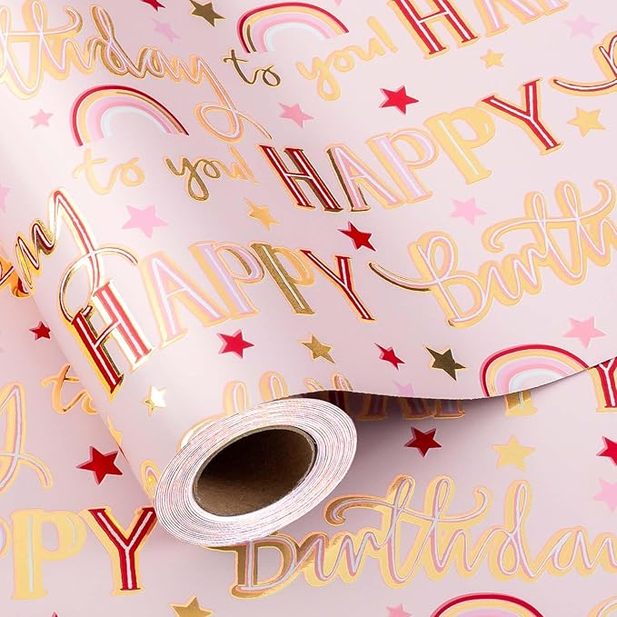 MAYPLUSS Pink Foil Happy Birthday Wrapping Paper Roll, Chic Metallic Rainbow and Star Gift Wrap for Girl Baby Shower Party(17 Inch x 33 Feet)