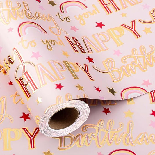 MAYPLUSS Pink Foil Happy Birthday Wrapping Paper Roll, Chic Metallic Rainbow and Star Gift Wrap for Girl Baby Shower Party(17 Inch x 33 Feet)