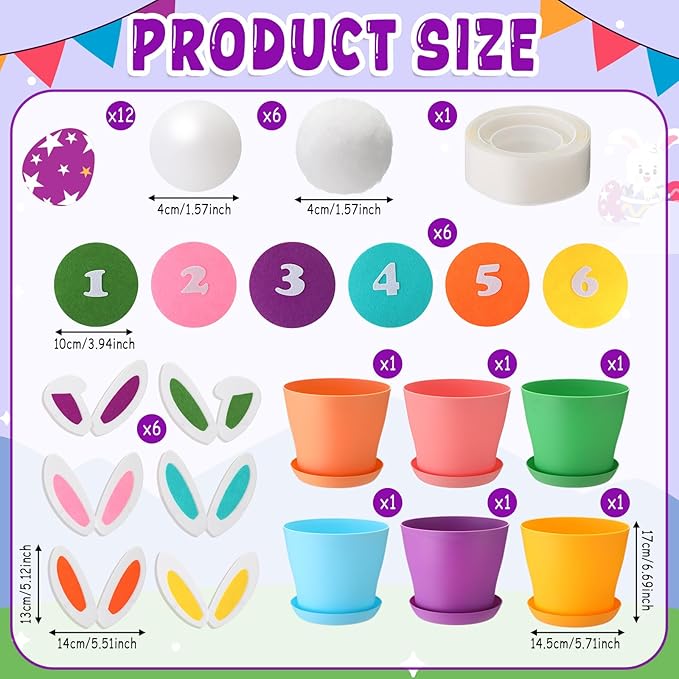 Easter Toss Ball Game with 6 Plastic Flower Pots 12 Bunny Ear Hat Decor 12 Balls Toss Play Set for Easter Party Games Spring Festival Game Family Indoor Outdoor Games Carnival Prizes