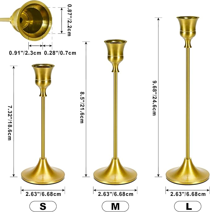 Metal Brass Gold Taper Candlestick Holders Set of 6, Wine‑Glass Shaped Candle Stick Holder with 3 Assorted Heights, Elegant Table Centerpiece Decor for Wedding Christmas Fireplace