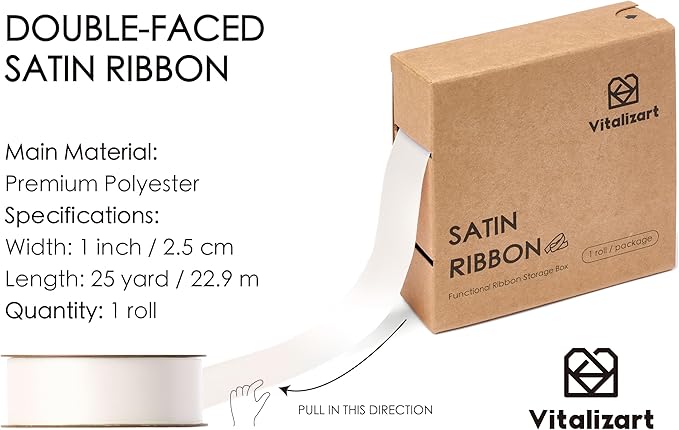 Vitalizart White Ribbon for Gift Wrapping 1" x 25Yd Double Face Continuous Functional Satin Ribbon for Crafts Silk Like Fabric Flower Bouquet Birthday Party Bridal Shower Wreath Hair Ivory Cream