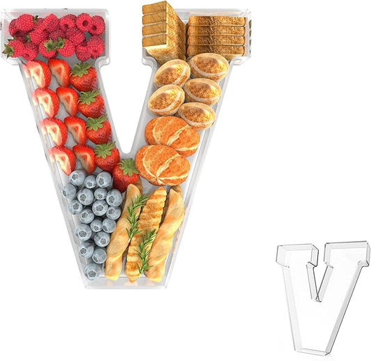 13.8" Acrylic Letter Charcuterie Tray, Charcuterie Letters Fillable Box for food, Reusable Serving Cake Candy Dish Display Tray for Birthday Anniversary Party Decoration (Letter V)