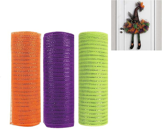 3 Roll Orange Purple Green Deco Mesh Ribbon for Wreath Making Supplies, 10 Inch x 30FT Metallic Foil Burlap Deco Mesh Fabric for Halloween Thanksgiving Christmas Wreath Swags and Decorating