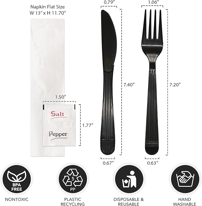 Party Essentials Individually Wrapped Heavy Duty Plastic Utensil Kits, 50 Sets for Party Catering, Fork/Knife/Napkin/Salt/Pepper, Black