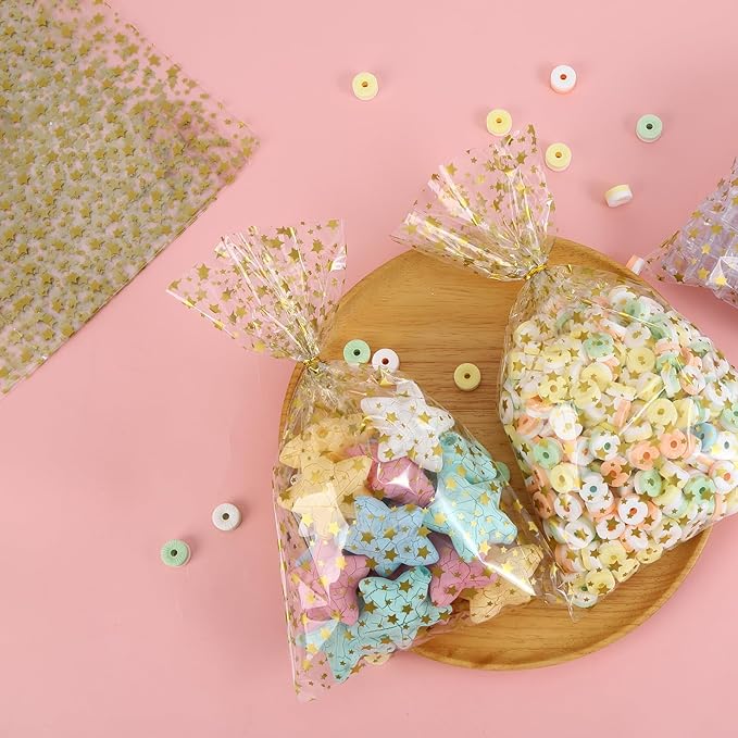 100Pcs Cellophane Bags, Clear Gift Bag Cellophane Treat Bags 6 X 10 Inches 100 Twist Ties for Gift Wrapping,Packaging Candies,Dessert,Bakery, Cookies, Chocolate,Party Favor, Gold Star Printed
