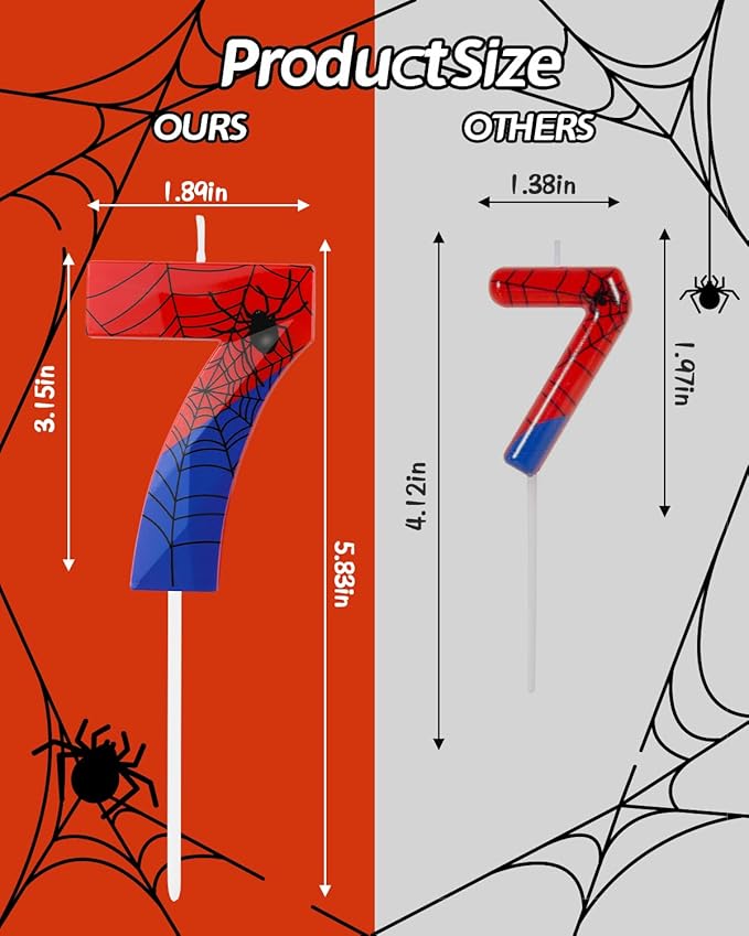 Number 7 Spider Themed Birthday Candle, 2.68 Inch Red Blue Spider Birthday Candles, Number Candles Birthday Cake Toppers Web Candles for Boy Girl Spider Party Decoration Supplies Halloween Party