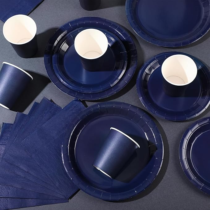 Tioncy 200 Pcs Navy Blue Disposable Paper Plates Cups and Napkins, Graduation Party Supplies Serve 50 Guests Disposable Paper Dinnerware Set for Birthday Wedding Baby Shower Family Picnic