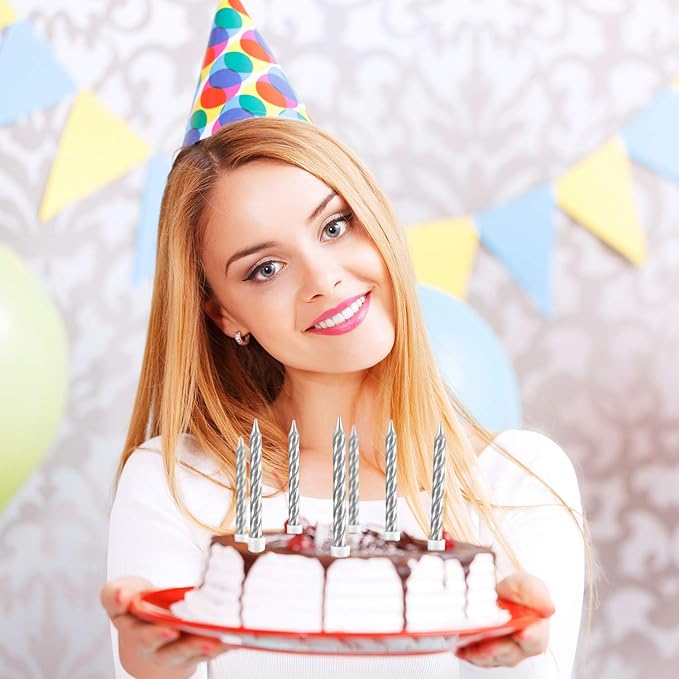 Blulu 50 Pieces Spiral Birthday Candles Metallic Cake Cupcake Candles for Birthday Wedding Party Decorations(Silvery)
