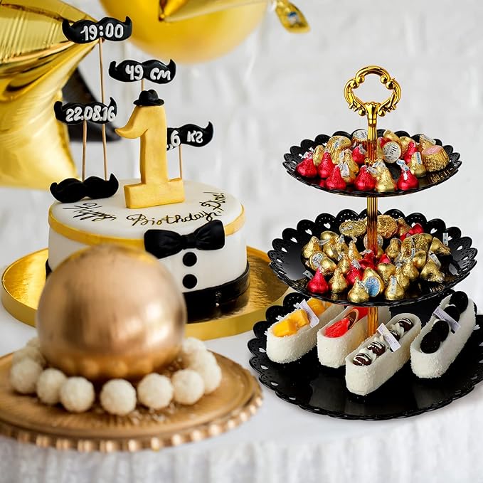 8 Pieces 3 Tier Plastic Cupcake Black Pastry Stand Cake Fruit Candy Dessert Table Display Set Tiered Serving Tray Round and Square Cup Cake Tier Stand for Wedding Birthday Tea Party Decoration