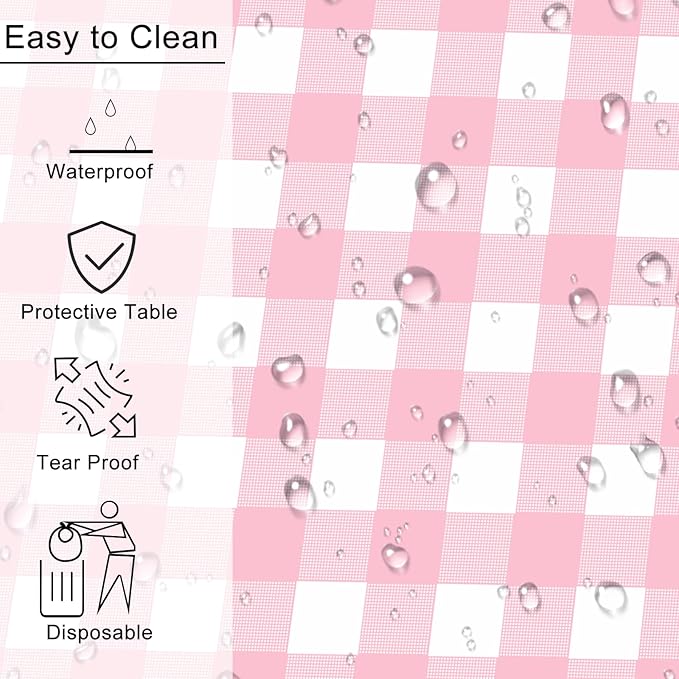 4 Pack Pink Gingham Tablecloth Rectangular Pink and White Checkered Tablecloths Disposable Plastic Pink Plaid Table Cover for Parties, Outdoor Picnic, Birthday, Wedding, Camping 54 × 108 Inch