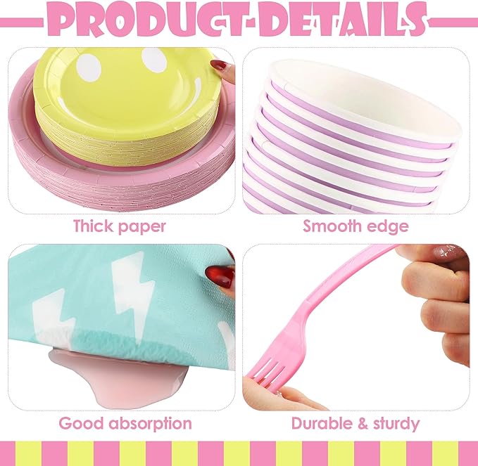 Kochorie 144 Pcs Preppy Smile Party Tableware Supplies, Disposable Paper Plates Napkins Cups Forks Set, Serves 24 Guests for Smile Face Theme Baby Shower Birthday Party Decorations