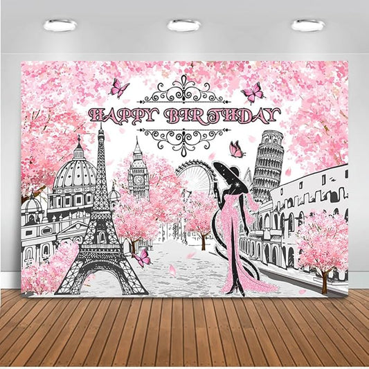 Mocsicka Paris Birthday Backdrop - Pink Floral Paris Themed Party Decorations - European City Landscape - 8x6ft