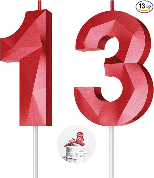Number Birthday Candles(13 Candle Red) 3D Diamond Shape Number Happy Birthday Cake Candles for Birthday Party Wedding Decoration Reunions Theme Party