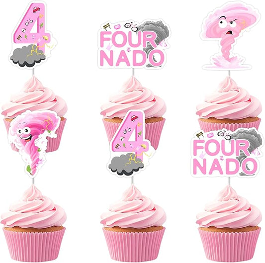 Cheereveal 36Pcs Fournado Birthday Cake Decorations, Tornado Cupcake Toppers, Pink Weather Storm Theme 4th Bday Baby Shower Cupcake Picks Party Supplies