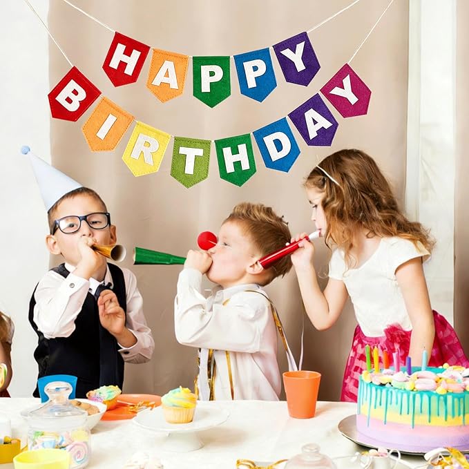 Happy Birthday Banner, Colorful Felt Birthday Garland Party Decorations, Reusable Hanging Banner Decor for Kids Women Birthday Party, Home Office Decoration