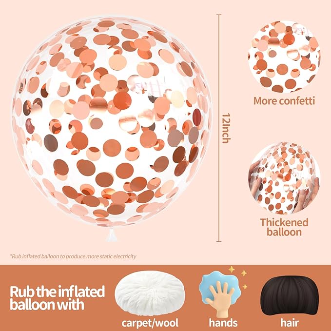 Rose Gold Confetti Balloons, 25 Pcs Thickened 12 Inch Clear Latex Balloon with Confetti Inside for Graduation Decorations Engagement Bridal Shower Party Baby Shower Birthday Party Decoration Supplies