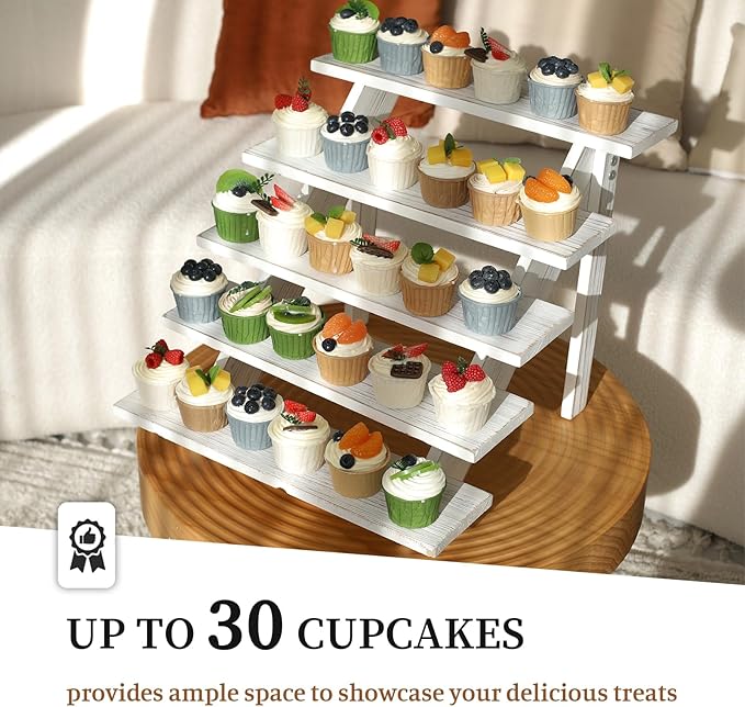 SwallowLiving 5 Tier Wooden Rustic Cupcake Stand for 30 Cupcakes, Stepped Wood Display Stand for Weddings, Tiered Party Table Display Riser for Food , Dessert, Cookie, Decor, Craft Show, White