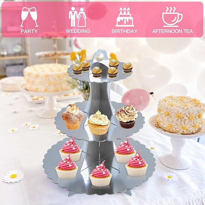 Soleebee 3-Tier Cupcake Stand, Cardboard Cupcake Tower, Dessert Cup Cake Stand Tower for Birthday Wedding Party Decoration, Cupcake Tier Stand 2 Set (Silver)
