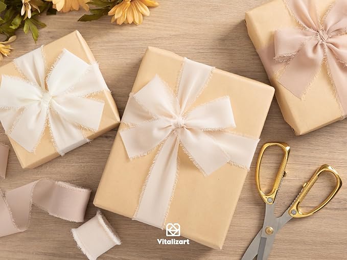 Vitalizart White Handmade Chiffon Silk Ribbon Fringe 1.5" x 21 Yd Nude & Ivory Frayed Edges Ribbons for Wedding Invitations Bridal Bouquets Gifts Wrapping Crafts Holiday Party Decorations