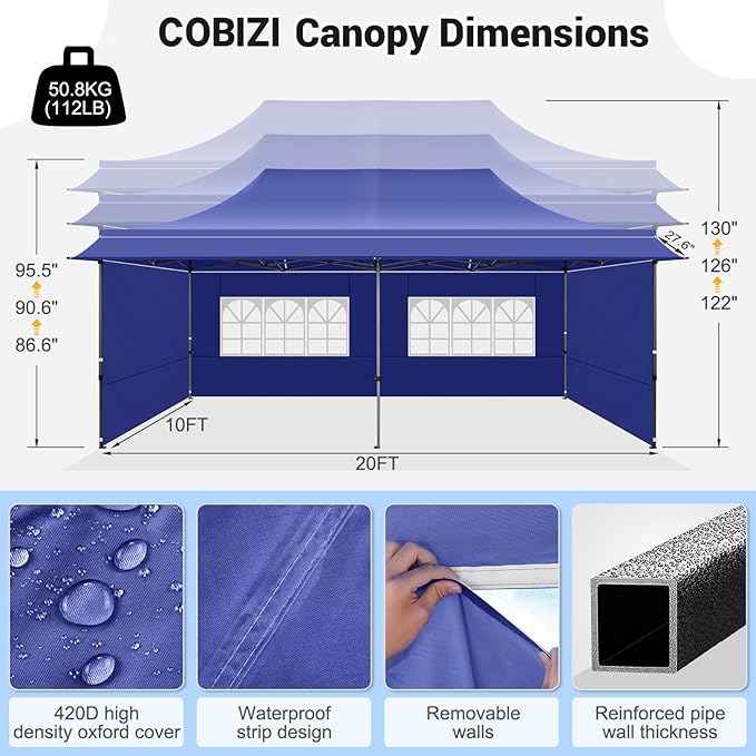 COBIZI 10x20 Pop Up Canopy Tent Heavy Duty with Sidewalls, Outdoor Commercial Canopy with Awning, Waterproof&45 SF Extended Awning, Vendor Tent for Market, Party Events, Dark Blue