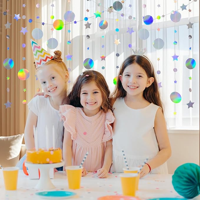 Valentine's Day Decoration Star and Circle Hanging Garland, 65 feet Party Decorations Stars Banner Streamer Backdrop for Birthday Baby Shower Starry Night Theme Party Supplies (Rainbow Silver)
