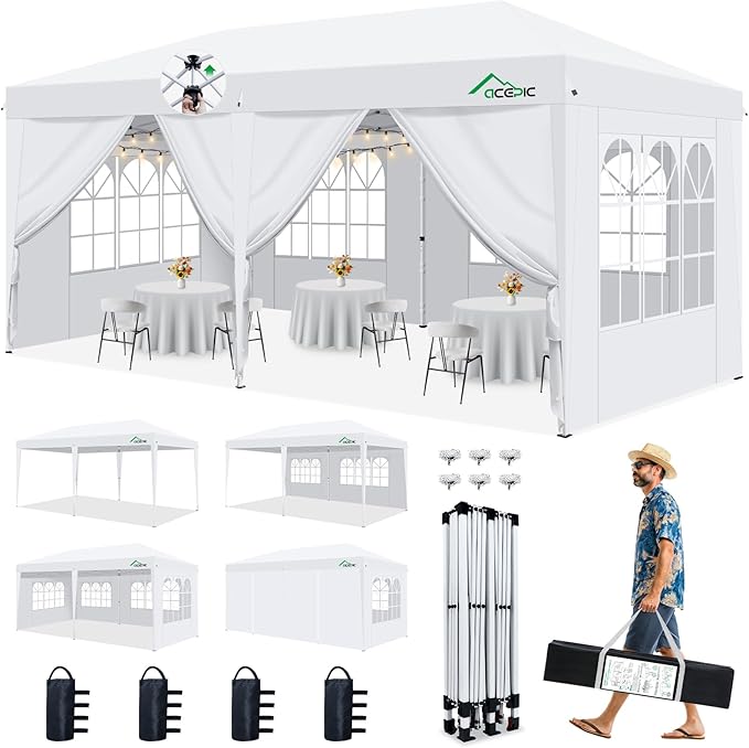Acepic 10x20 Pop Up Canopy Tent with 6 Removable Sidewalls, One-Push Center Lock Design, Commercial Grade Waterproof Party Gazebo, UV Protection Outdoor Event Shelter with Church Windows, White