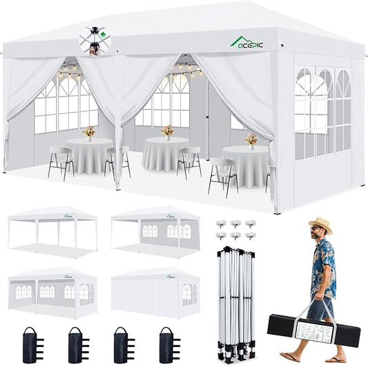 Acepic 10x20 Pop Up Canopy Tent with 6 Removable Sidewalls, One-Push Center Lock Design, Commercial Grade Waterproof Party Gazebo, UV Protection Outdoor Event Shelter with Church Windows, White