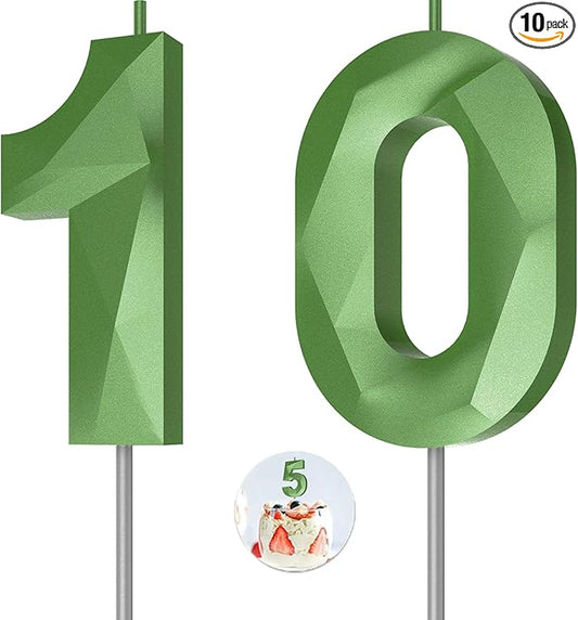 Number Birthday Candles(10 Candle Green) 3D Diamond Shape Number Happy Birthday Cake Candles for Birthday Party Wedding Decoration Reunions Theme Party