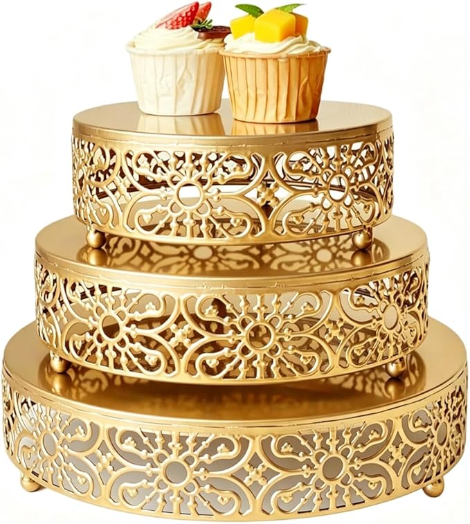 Cake Stand Set, 3Pcs Round Metal Cake Stands, Dessert Cupcake Pastry Candy Display Plate for Wedding, Event, Birthday Party (Gold Cake Stands / 3 Pcs / Metal)