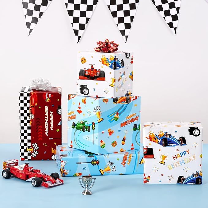 WERNNSAI Race Car Wrapping Paper Rolls - 3 Short Rolls 17 in x 120 in Racing Car for Kids Boy Birthday Truck Car Theme Party Gift Packing Supply Red Blue White Wrapping Paper with Cut Lines