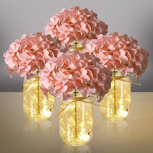 4 Sets Mason Jar Centerpiece with LED Lights and Pink Hydrangea Fake Flowers Vase for Wedding Bridal Shower Party Coffee Table Decor
