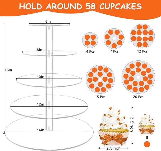 Cupcake Stand, 5 Tier Large Cupcake Stand for 50 Cupcakes, Round Tiered Cupcake Holder, Clear Acrylic Cup Cake Tower Stand, Dessert Table Display Set for Party, Wedding, Birthday, Party, Halloween