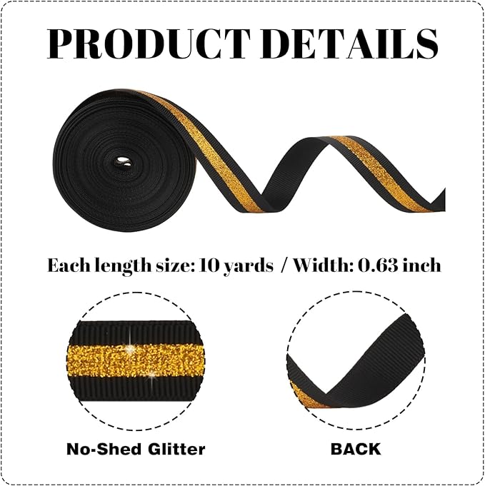 Black Gold Glitter Grosgrain Ribbon 5/8 Inch x 10 Yards, No-Shed Cheer Ribbon for Cheerleading Hair Bows, Gift Wrapping, Homecoming Mum Supplies (Black Gold)