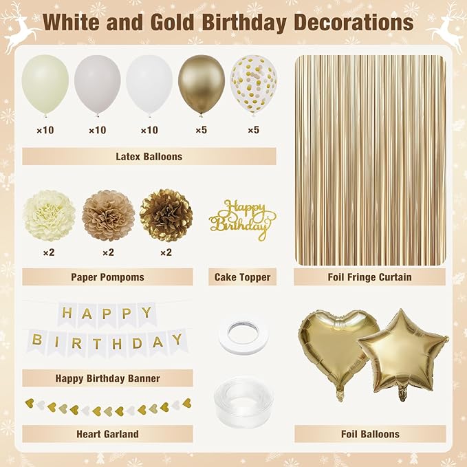 Gold Birthday Decorations for Women, Happy Birthday Party Decorations, Happy Birthday Banner, Gold White Sand Ivory Balloons, Tissue Paper Pompoms, Heart Garland, Party Decor for Girls