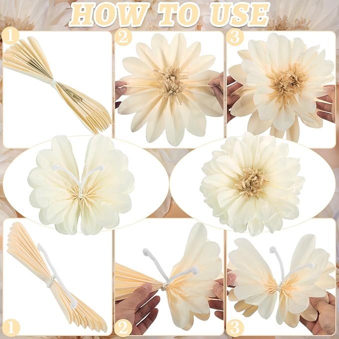 12PCS White Daisy Tissue Paper Pom Poms, Butterfly Birthday Decorations, Butterfly Wedding Wall Decor, Tissue Paper Flower Decoration for Wall Wedding Baby Shower Decor