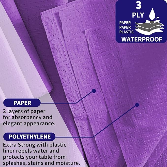 [6 Pack] Purple Paper Tablecloth Disposable for Rectangle Tables, 54 X 108 Inch Party Table Cover with Plastic Backing, Waterproof 3 Ply Table Cloth for Church Event Club Parties