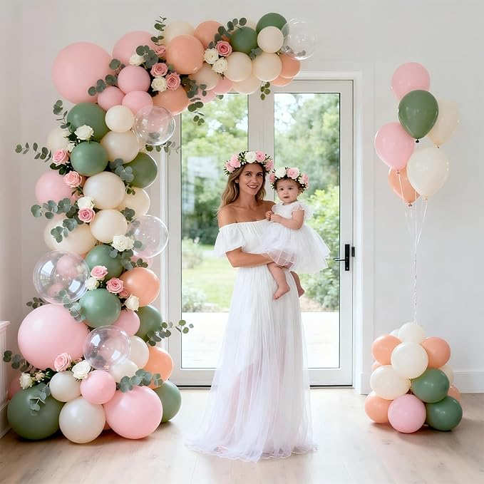 Pink and Green Balloons Arch Kit, Light Dusty Pastel Pink Sage Green Sand White Light Orange Balloons Garland Kit for Wedding Birthday Bridal Shower Bloom Woodland Boho Party Decorations