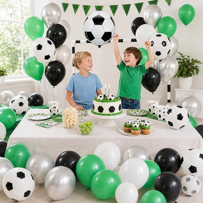 Soccer Balloons, 12 Inch Green Black White Metallic Silver Latex Balloons with Soccer Ball 4D Foil Balloon for Boys Kids Sport Theme Birthday Decorations Football Lover Men Party Baby Shower Decor