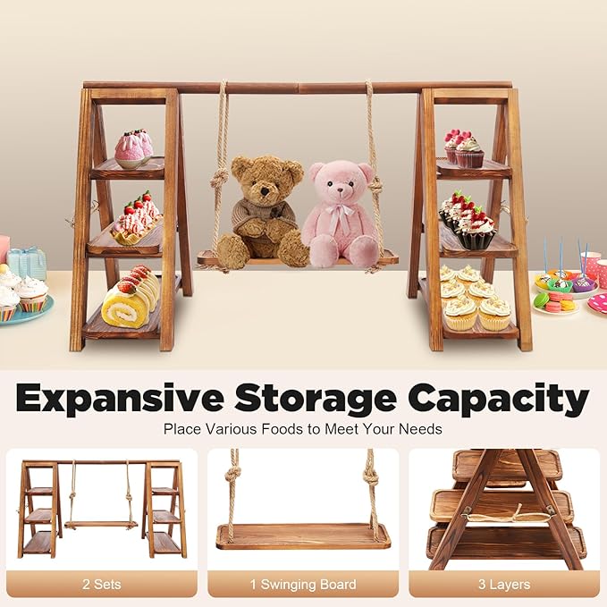 mignonnememe Wooden Cupcake Stand 3 Tier Cake Pop Stand Dessert Table Display Set with Serving Tray and Folding Stand for Party Birthday Wedding (Brown)